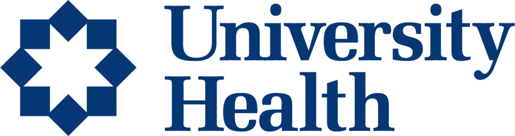 The University Health logo featuring a blue geometric star symbol to the left of the words "University Health" in blue text.