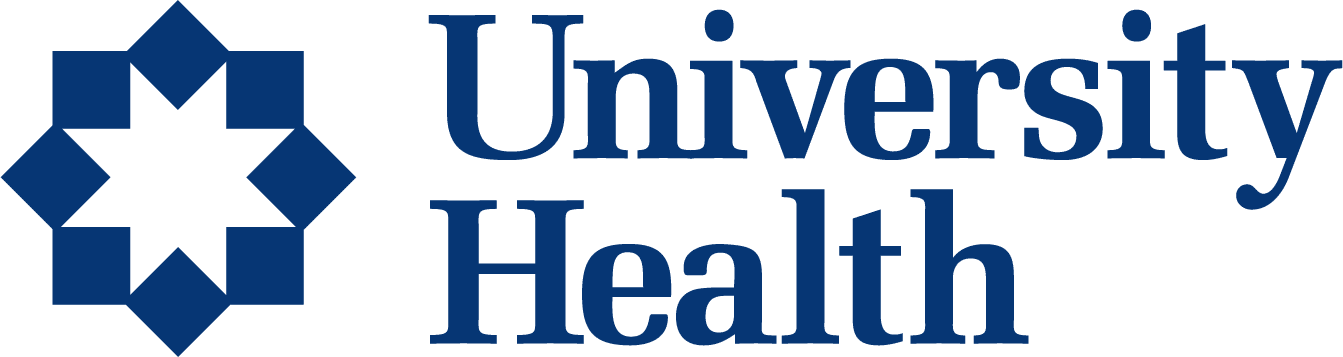 The University Health logo featuring a blue geometric star symbol to the left of the words "University Health" in blue text.