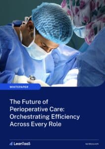 A surgeon in scrubs and a mask operates in a brightly lit operating room; the image is overlaid with a whitepaper title about perioperative care efficiency.