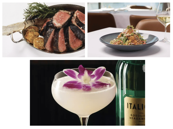 A collage showing a skillet of sliced steak with roasted garlic, a plated pasta dish, and a cocktail garnished with a purple flower next to a green bottle.