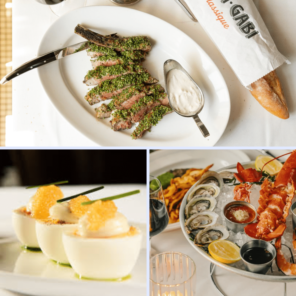 A plate of sliced herb-crusted steak with sauce, deviled eggs topped with caviar, and a seafood platter with oysters, lobster, lemon, and fries.