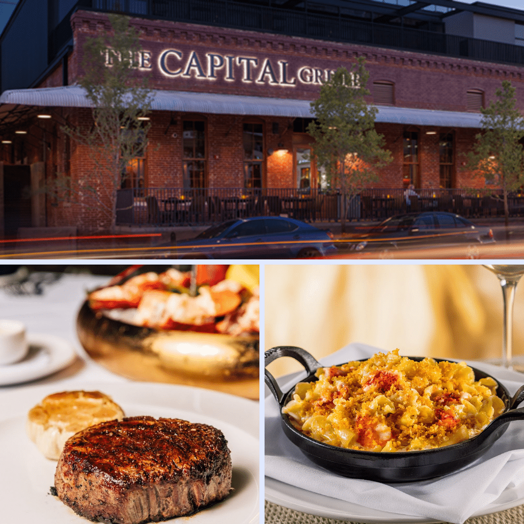 Collage showing The Capital Grille restaurant exterior at dusk, a plate with steak and lobster, and a dish of lobster mac and cheese.