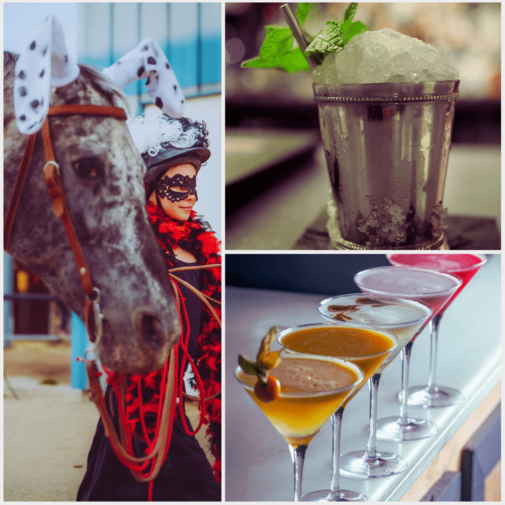 A collage shows a person in costume with a horse, a mint julep cocktail with crushed ice, and a row of four colorful martinis on a bar.