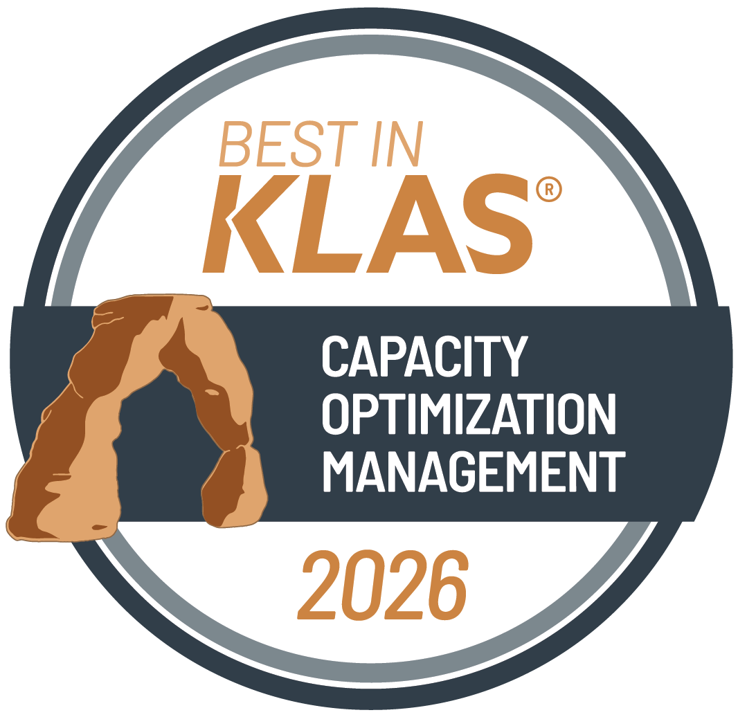 Circular badge with text "Best in KLAS Capacity Optimization Management 2026" and an illustration of a rock arch on the left side.