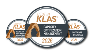 Three overlapping circular badges read "Best in KLAS 2026," "Capacity Optimization Management," and "Software & Services 2024," highlighting healthcare predictive analytics with a stylized arch graphic.