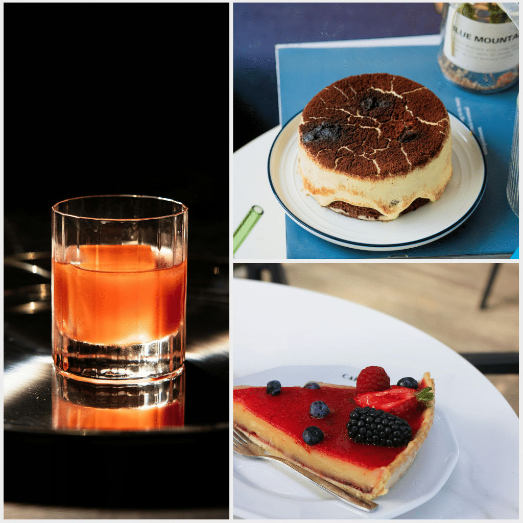 Collage of three images showing a glass of orange beverage, a round chocolate dessert, and a slice of berry-topped cheesecake on separate plates.