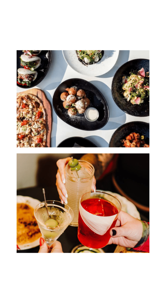 Top view of assorted dishes on a table in the first image; second image shows three people holding different drinks in a toast.