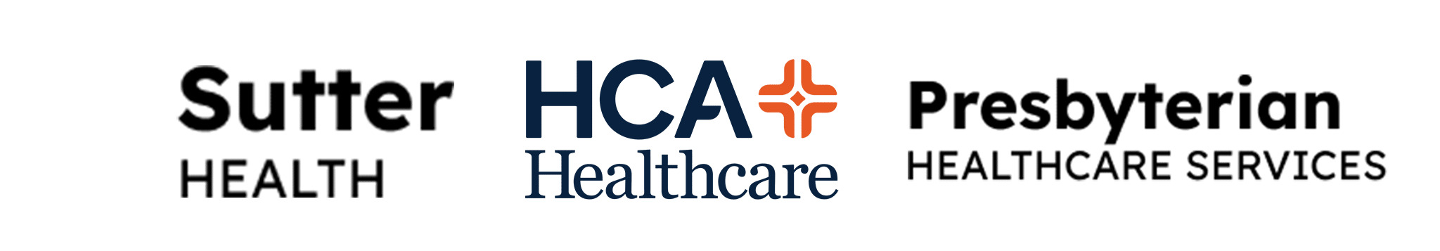 Logos of Sutter Health, HCA Healthcare, and Presbyterian Healthcare Services displayed side by side on a white background, highlighting leaders in infusion cost containment strategies.