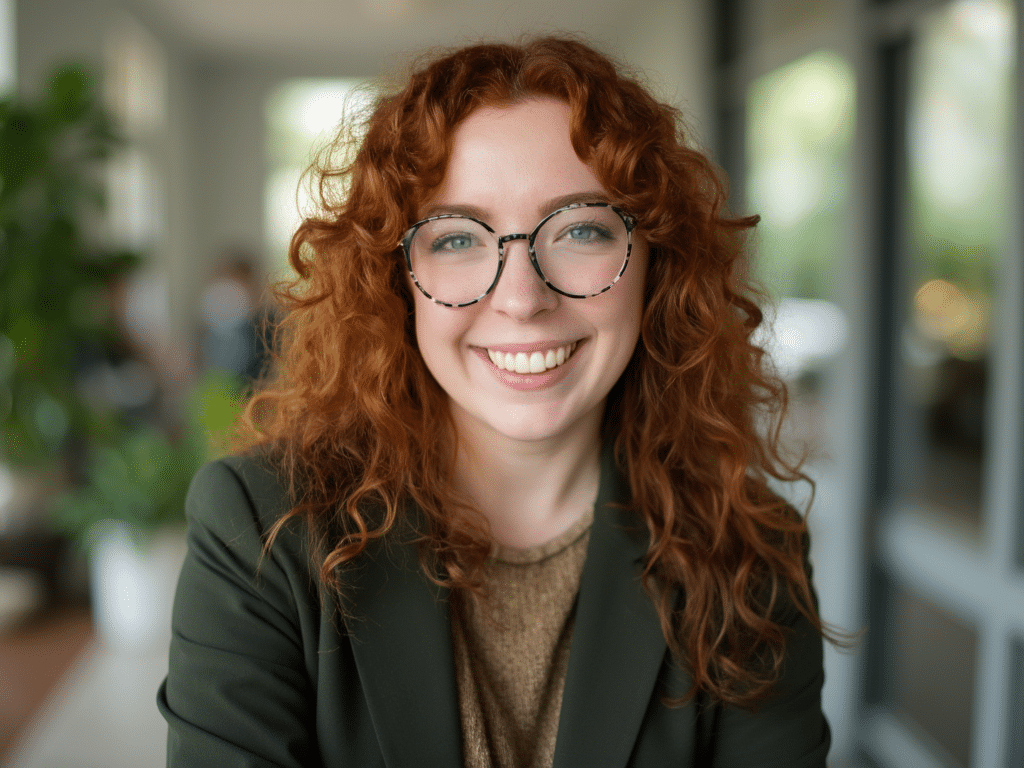 A young woman with curly red hair and glasses smiles at the camera indoors, wearing a green blazer and brown top, ready to unlock her capacity with intelligent workflows.