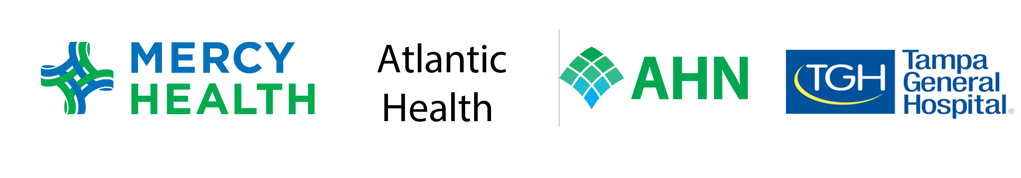 Logos of four healthcare organizations—Mercy Health, Atlantic Health, AHN, and Tampa General Hospital—displayed side by side on a light background, illustrating leaders in healthcare workforce optimization technology.