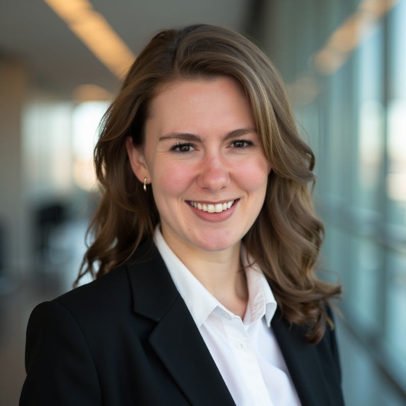A woman with long brown hair, wearing a black blazer and white shirt, smiles at the camera in a brightly lit modern office hallway.