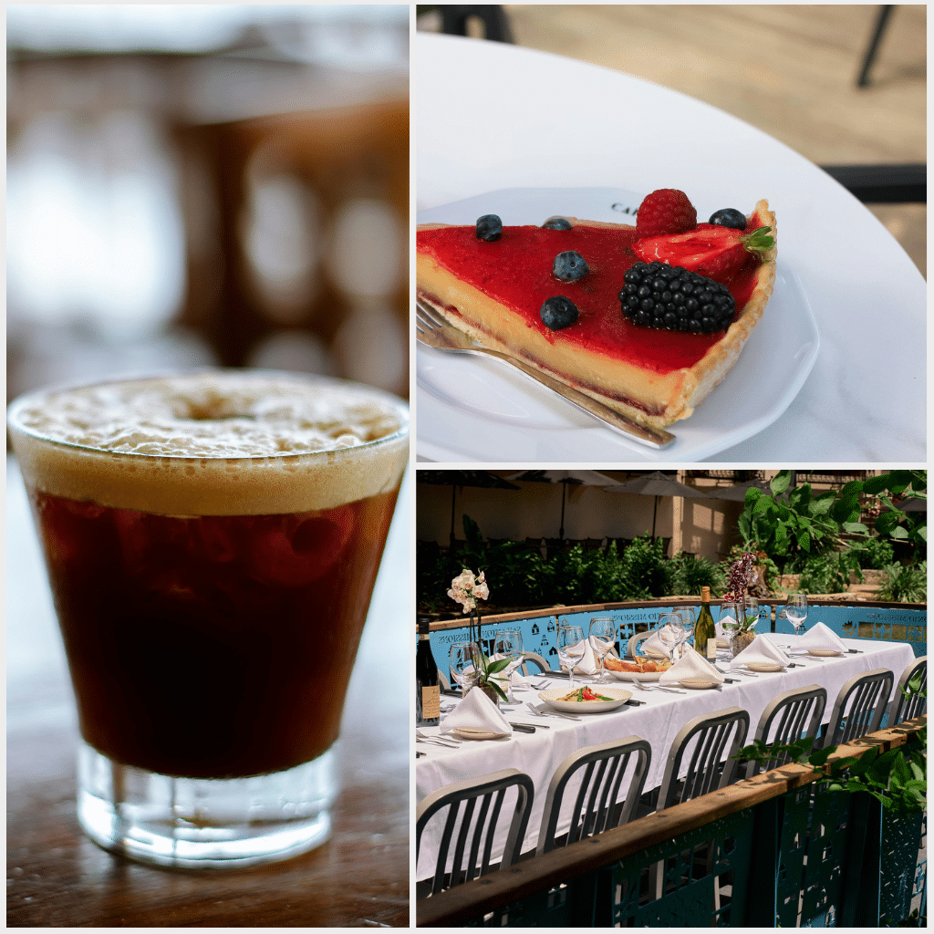 A collage shows a glass of iced coffee, a slice of berry-topped cheesecake on a plate, and a set outdoor dining table with white napkins and dishware.