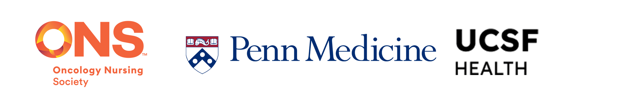 Logos of three healthcare organizations: Oncology Nursing Society (ONS), Penn Medicine, and UCSF Health, displayed side by side on a light background.
