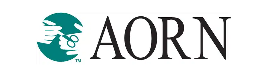 AORN logo featuring a teal circle with gloved hands holding surgical instruments, next to the acronym "AORN" in black capital letters.