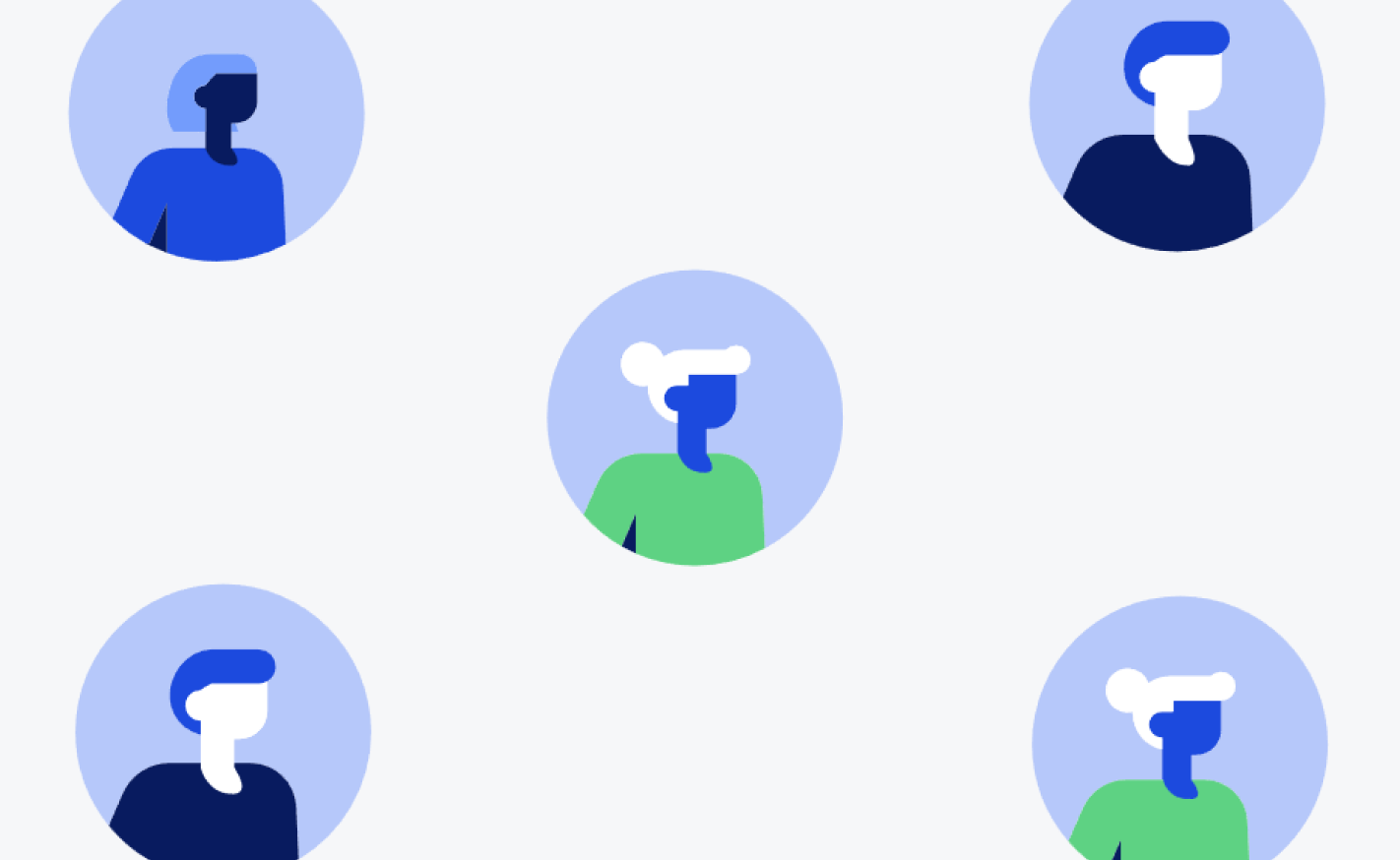 Five abstract, flat-design human figures in colored circles are evenly spaced on a light gray background, each figure featuring different colors and hairstyles.