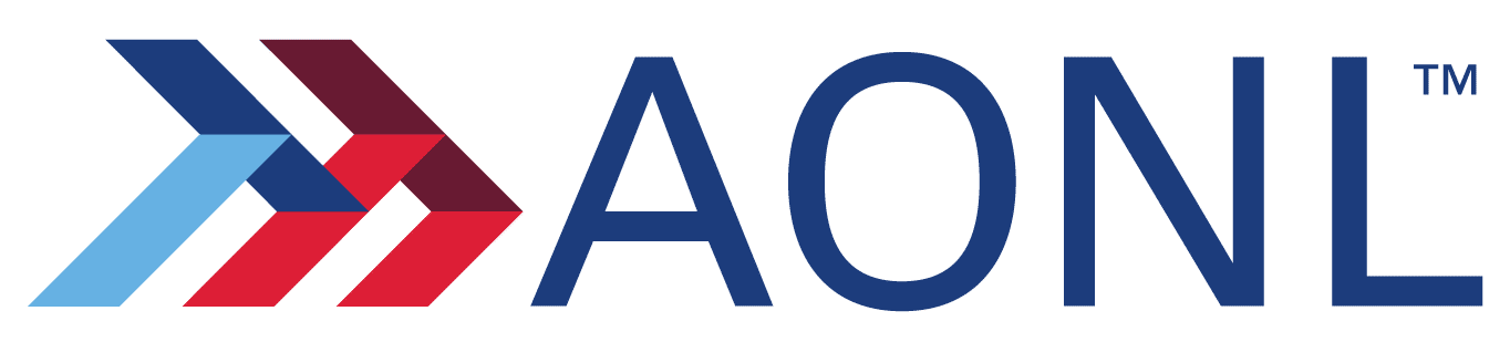 AONL logo with three layered arrows in blue, maroon, and red pointing right, followed by bold blue letters “AONL” and a trademark symbol.