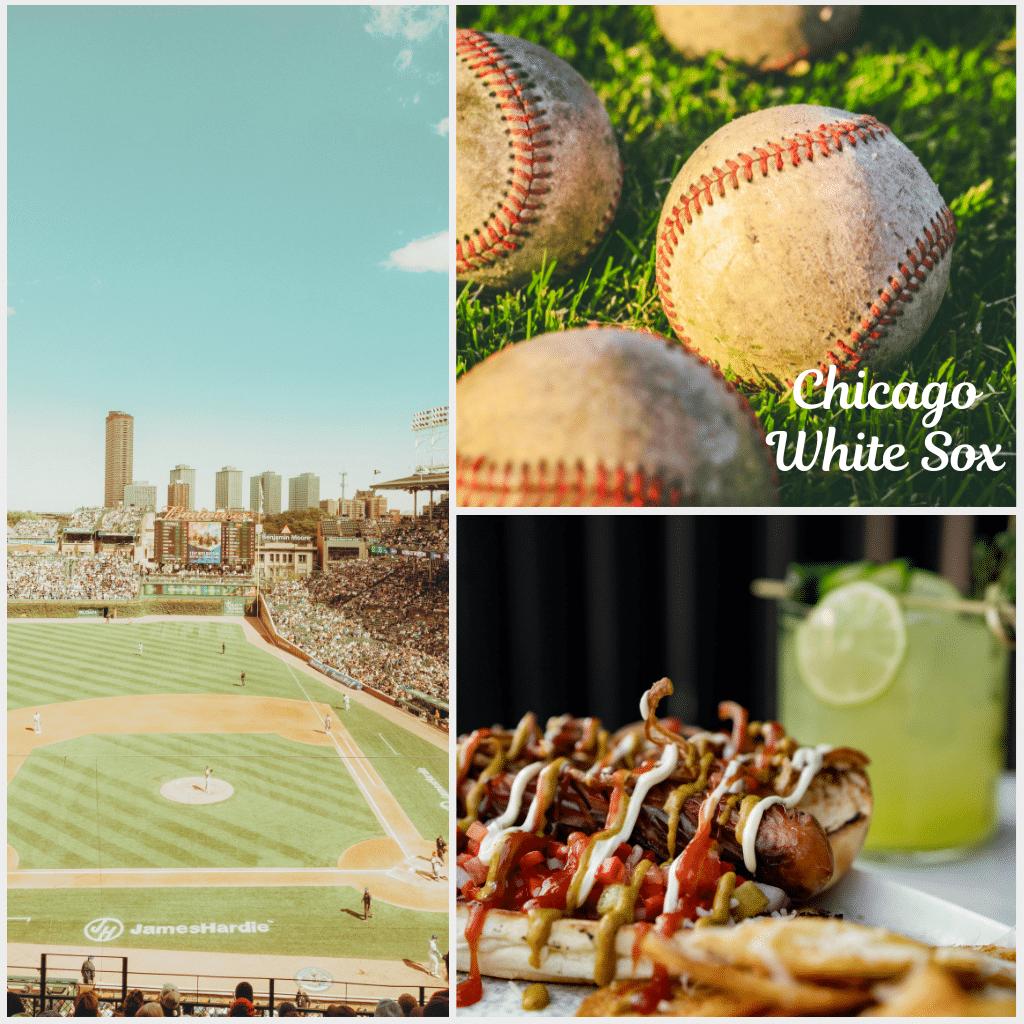 Collage of a baseball stadium, worn baseballs labeled "Chicago White Sox," and close-ups of a hot dog with toppings and a drink garnished with lime.