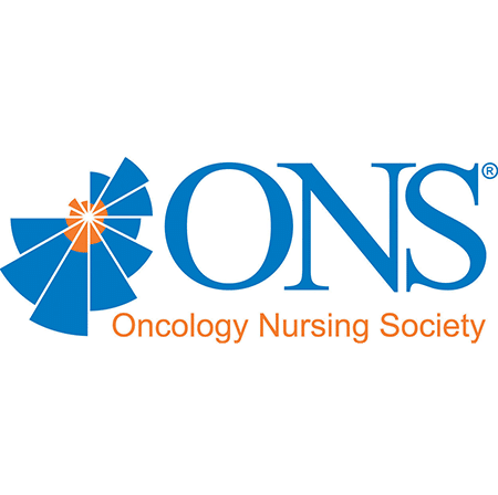 ONS Oncology Nursing Society logo with blue letters "ONS" and an abstract blue and orange fan design, plus "Oncology Nursing Society" in orange text below.