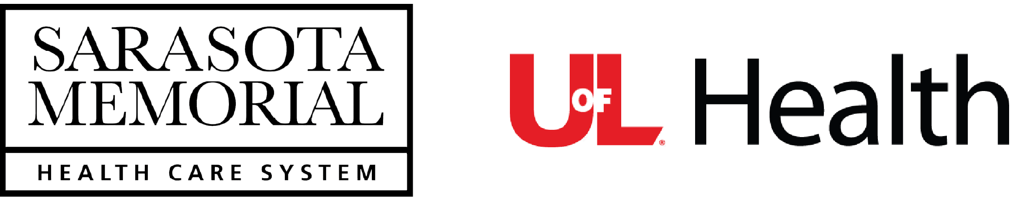Logos for Sarasota Memorial Health Care System and UofL Health appear side by side on a plain background, symbolizing their shared commitment to transforming access and flow in healthcare.