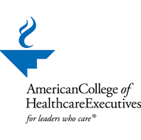 American College of Healthcare Executives logo with blue flame symbol and the tagline "for leaders who care.