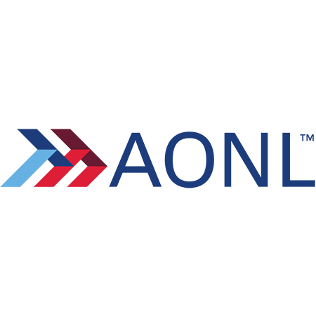 AONL logo featuring three overlapping arrows in blue and red to the left of the blue text "AONL" on a white background.