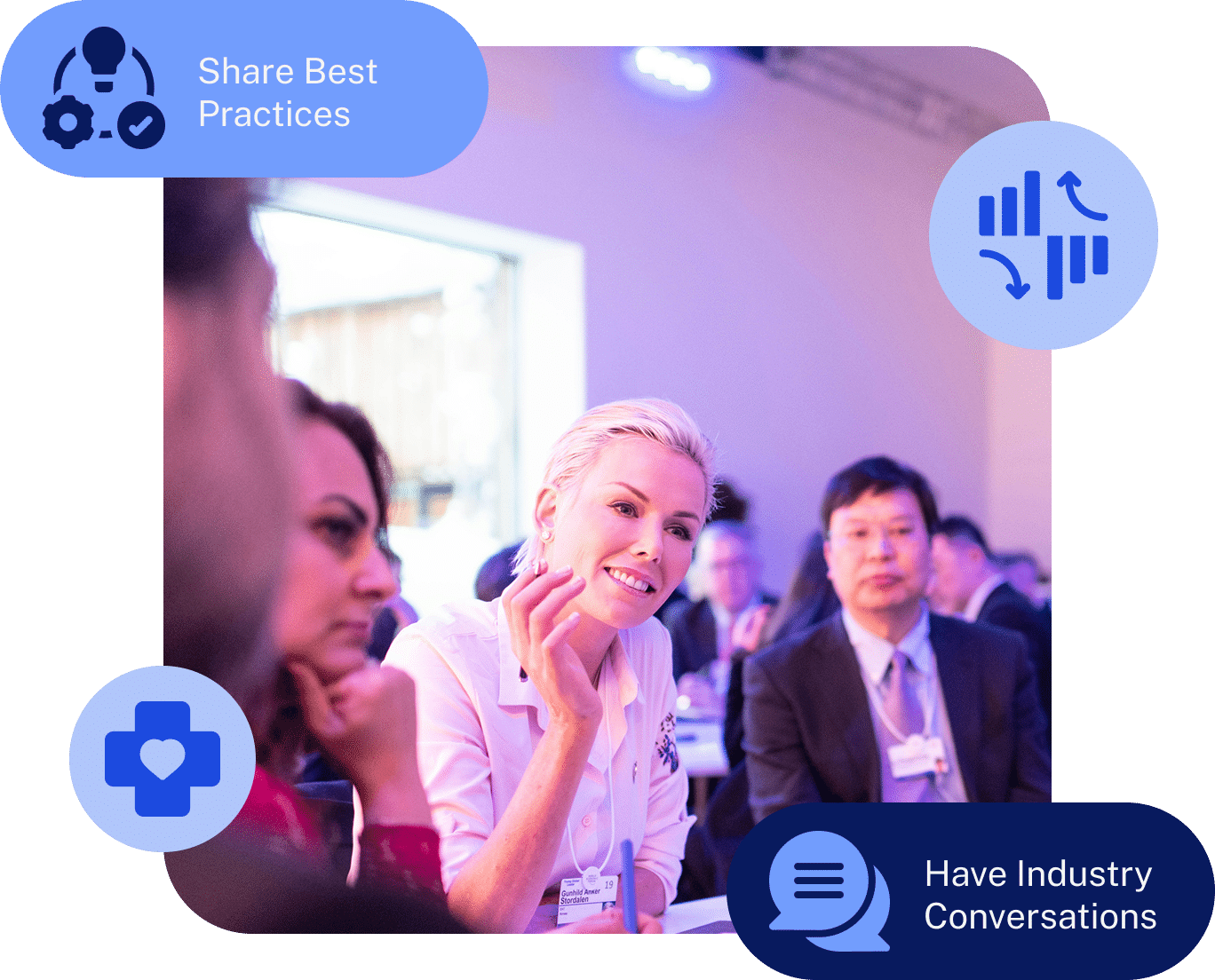 A group of professionals sits at a table, engaged in discussion, surrounded by icons and text promoting best practices and industry conversations.