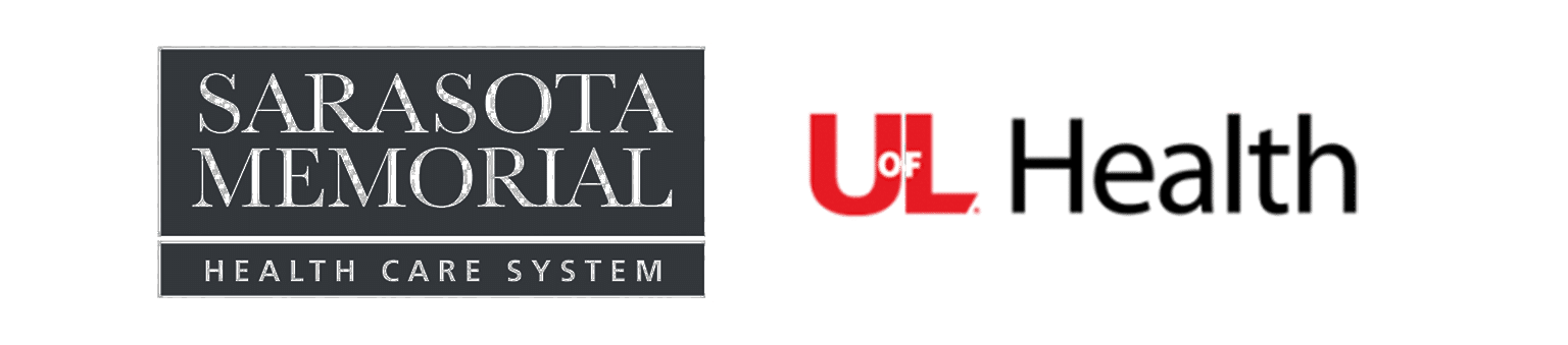 Logos for Sarasota Memorial Health Care System and UofL Health are displayed side by side on a light background.