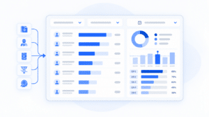 Dashboard showing user profiles, progress bars, a pie chart, a bar graph, and five icons representing different user types connected to the dashboard on the left.