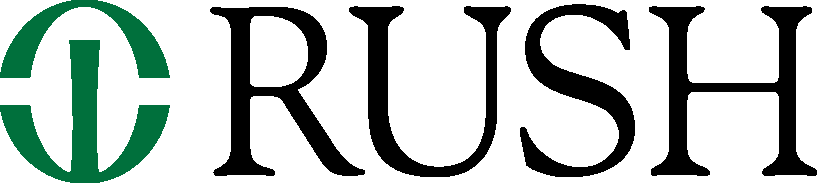 RUSH logo consisting of a green circular icon with a vertical line and the word RUSH in a black serif font, used by Rush University Medical Center.